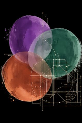 Hand-drawn illustration of four overlapping geometric forms in the Virtual Corners brand colors, one rendered as technical line work and three as organic brushwork